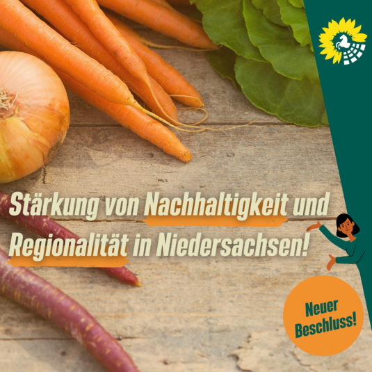 Der Titel des Bildes ist "Stärlung von Nachhaltigkeit und Regionalität in Niedersachsen! Im Hintergrund ist ein Bild von frischem Gemüse auf einem holzigen Boden. Rechts oben in der Ecke ist das Logo der gRünen Landtagsfraktion, rechts unten ist ein orangener Kreis, in dem in grüner Schrift "Neuer Beschluss" steht.