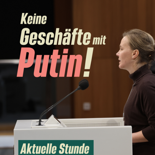 Bild von Britta Kellermann am Podium des Niedersächsischen Landtags. Text: "Keine Geschäfte mit Putin! Aktuelle Stunde zur Brennelementefabrik Lingen"