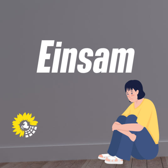 Grafik einer zusammengekauerten Person in einem grauen Raum. Titel: "Einsam" Logo der Grünen Landtagsfraktion.