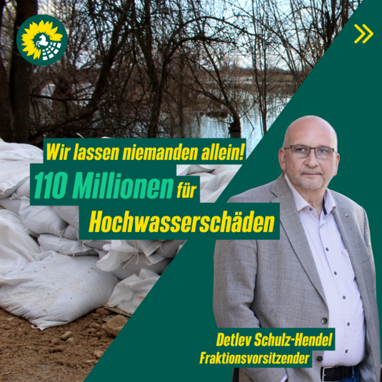 Foto von Sandsäcken zur Hochwasserbekäpfung. Bild von Detlev Schulz-Hendel, Fraktionsvorsitzender der Grünen Landtagsfraktion. Logo der Grünen Landtagsfraktion. Text: "110 Millionen für Hochwasserschäden. Wir lassen niemanden allein."